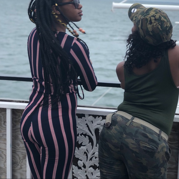 Navy blue, red & white striped jumpsuit - Picture 3 of 3